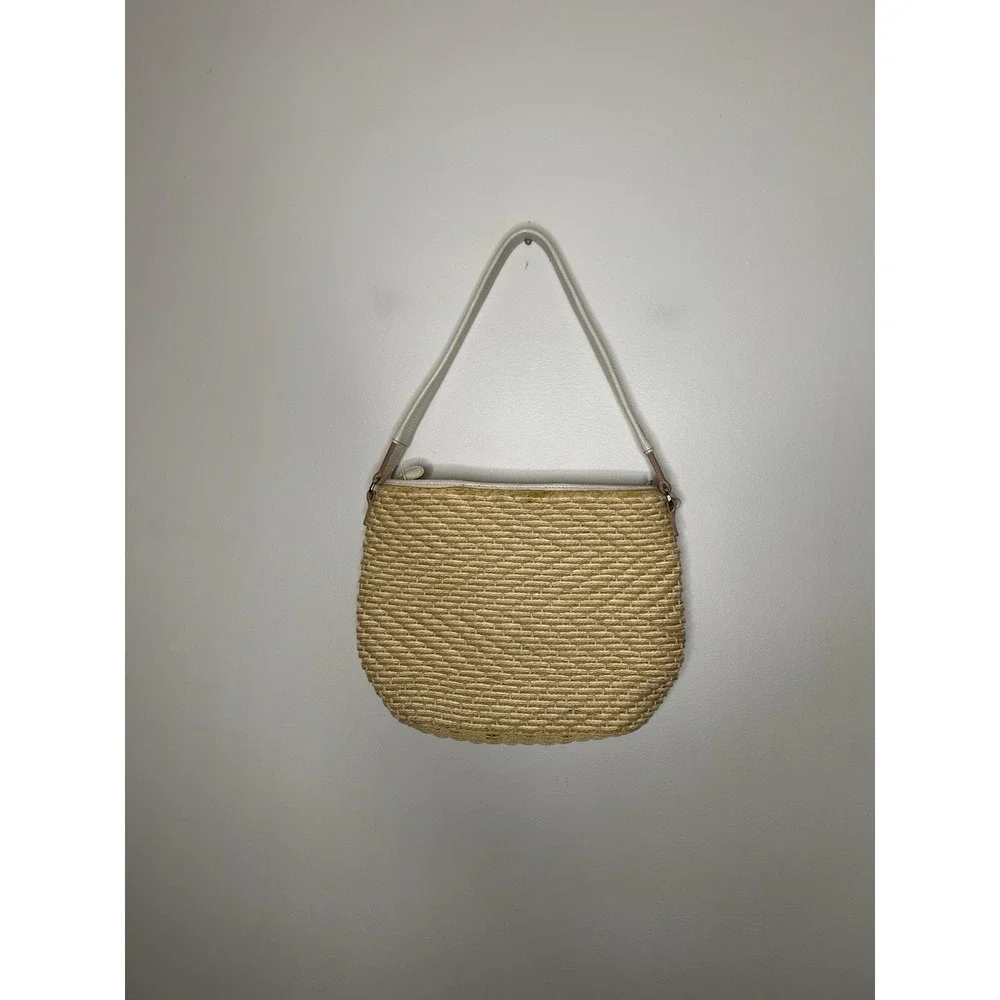 Brighton Woven Straw & Ivory Leather Shoulder Bag Buckle Accent Heart Charm